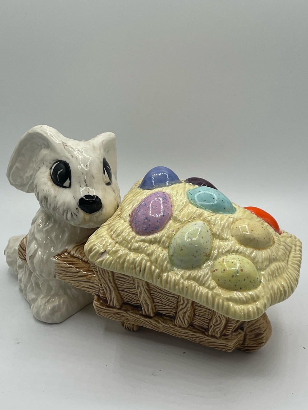 VTG Ceramic Easter Bunny Rabbit Pulling Cart Covered Candy Dish Trinket Box